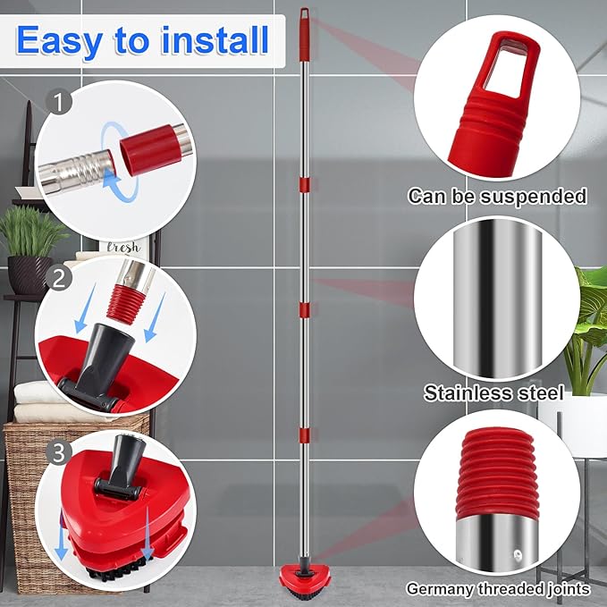 4-Section Stainless Steel Spin Mop Handles, Mop Base & Upgrade Scrub Brush Combo for Ocedar EasyWring RinseClean 2 Tank System, Mop Handle Mop Base & Brush Set for O Cedar, Universal Thin Screw Joints