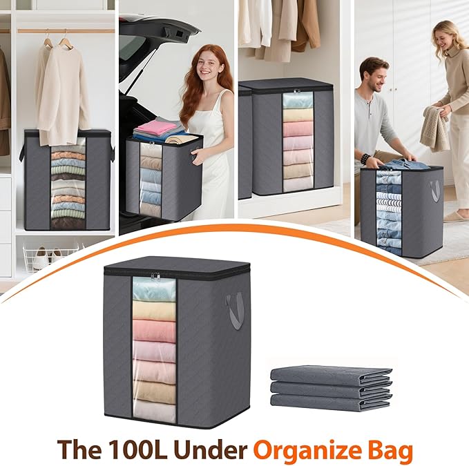 4 Pack 100L Clothes Storage, Foldable Thick Fabric Blanket Storage Bags