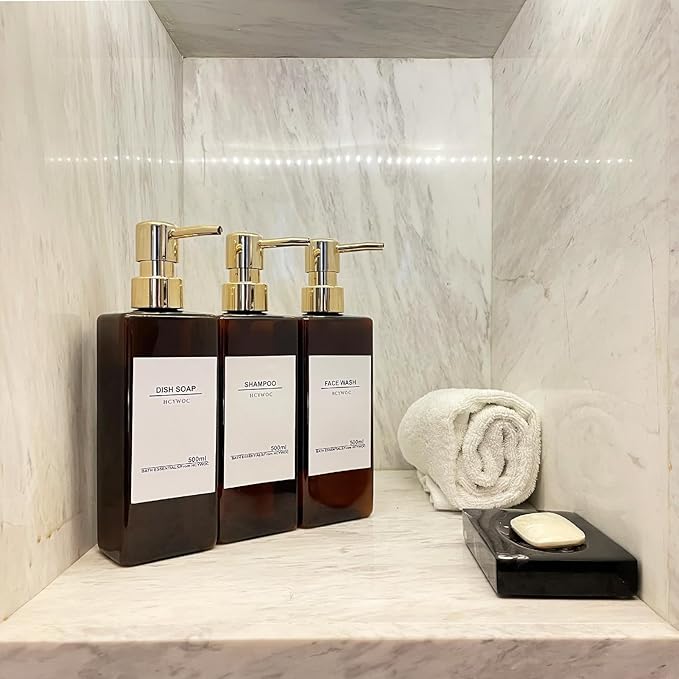 Shampoo Dispenser for Shower Wall, Shampoo and Conditioner Dispenser with 16 Waterproof Labels, No Drill Shower Soap Dispenser Bathroom, Shower Soap Dispenser Wall Mounted 3 Chamber, 17oz, Gold Amber
