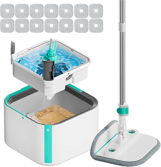 Upgraded Spin Mop and Bucket Self-Standing Mop Bucket Separate Dirty and Clean Water System Self Wringing 360° Rotating Clean Mop and Bucket Set with14Pads Mop-Blue