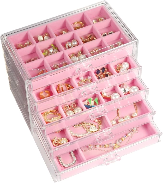 5 Drawers Clear Jewelry Box for Women and Girls, Pink