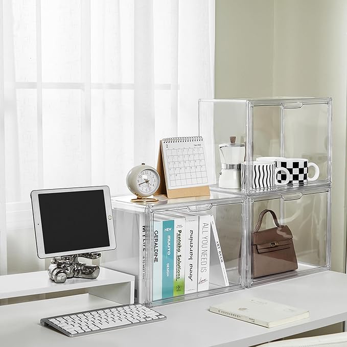 Acrylic Box Display Case, Clear Plastic Stackable Storage Bins with Magnetic Attraction Lid, Showcase for Cosmetic, Large Figures Collectibles (5 Pack