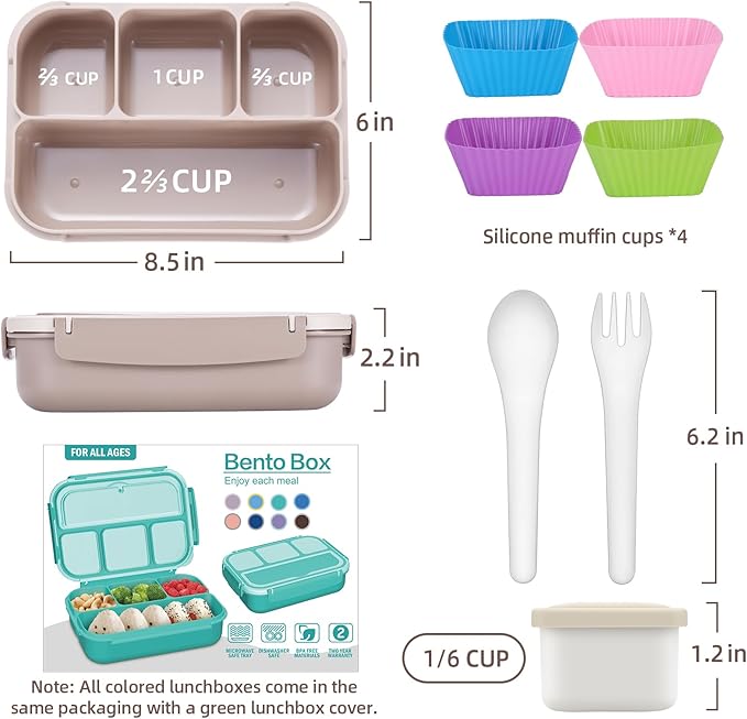 QQKO Bento Box Adult Lunch Box, Lunch Containers for Adults Men Women, Kids Lunch Boxes for School with 4 Compartments, Sauce Container