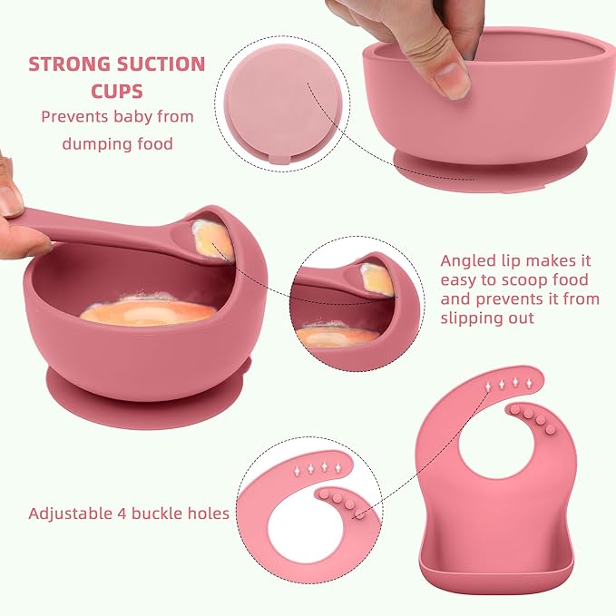 16 Pack Silicone Baby Feeding Set, BPA-Free Baby LED Weaning Supplies, Include Suction Plates, Baby Bowls, Silicone Fork & Spoon, and More, First Stage Baby Food Eating Utensils - 6+ Months(Pink, 16)