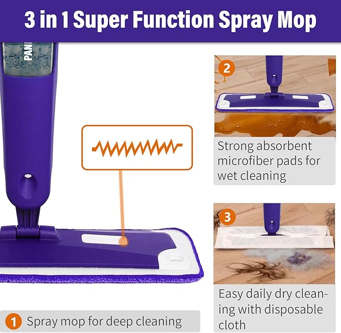 Mops for Floor Cleaning, Wet and Dry Spray Mop with Refillable Spray Bottle and 3 Washable Microfiber Pads Home or Commercial Use Flat Mop for Hardwood Laminate Wood Ceramic, Purple