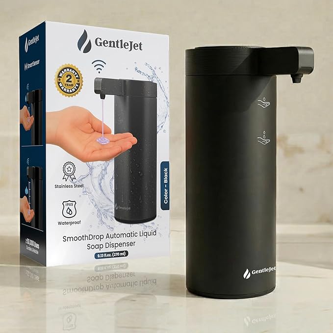 GentleJet SmoothDrop Automatic Liquid Soap Dispenser – Touchless, No-Drip Precision Pump, USB-C Rechargeable, 304 Stainless Steel, Waterproof Countertop Dispenser for Kitchen & Bathroom Sink, 270 ml