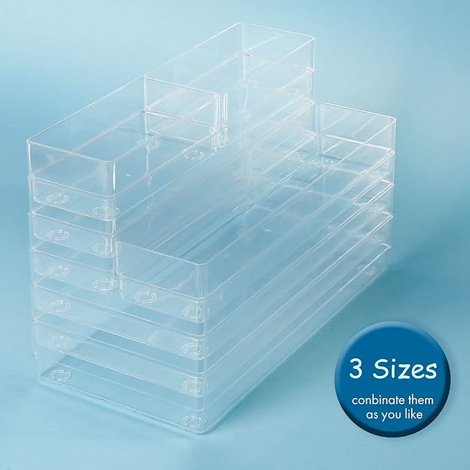 Clear Drawer Organizers, 6'' x 3'' x 2'', Set of 3