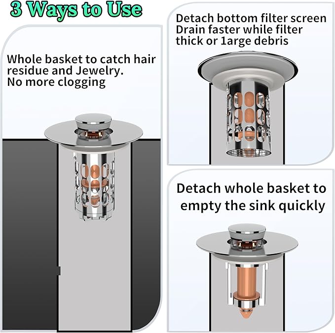 Bathroom Sink Stopper Drain Hair Catcher,3 in 1 Bathroom Sink Drain Strainer with Anti-Clogging Filter Basket