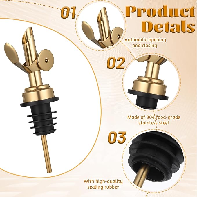 2 PCS Weighted Stainless Steel Bottle Pourers, Olive Oil Dispenser Spout, Self Closing Liquor Pour Spout, Weighted Pourer for Liquor Bottles, Oil Bottles, Vinegar, Syrup and Alcohol, Gold
