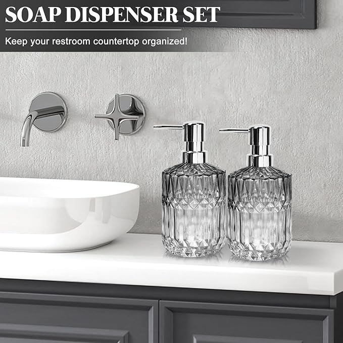 Glass Soap Dispenser with Plastic Pump, 2 Pack 12oz Gradient Diamond Hand & Refillable Lotion Dispenser & Dish Bathroom Soap Dispenser for Liquid, Shower Gel