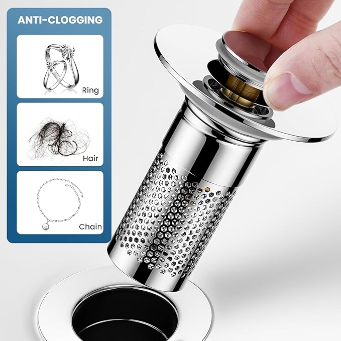Bathroom Sink Drain Strainer，Pop Up Sink Drain Filter with Removable Stainless Steel Filter Basket Hair Catcher，Bathroom Drain Stopper Sink Plug