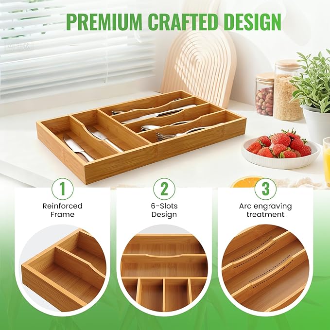 Bamboo Silverware Organizer, 15.8"x9.5"x1.6"