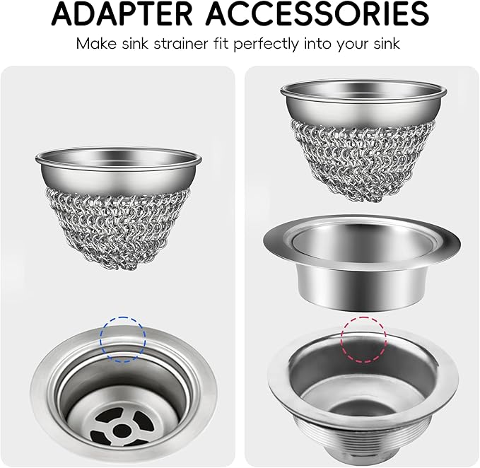 wokdada Kitchen Sink Strainer (1-Set Silver): with Adapter, Flexible Insert Chain Mesh Screen. 304 Stainless Steel, Clog-Free Catcher for Universal Sizes (Garbage Disposal)