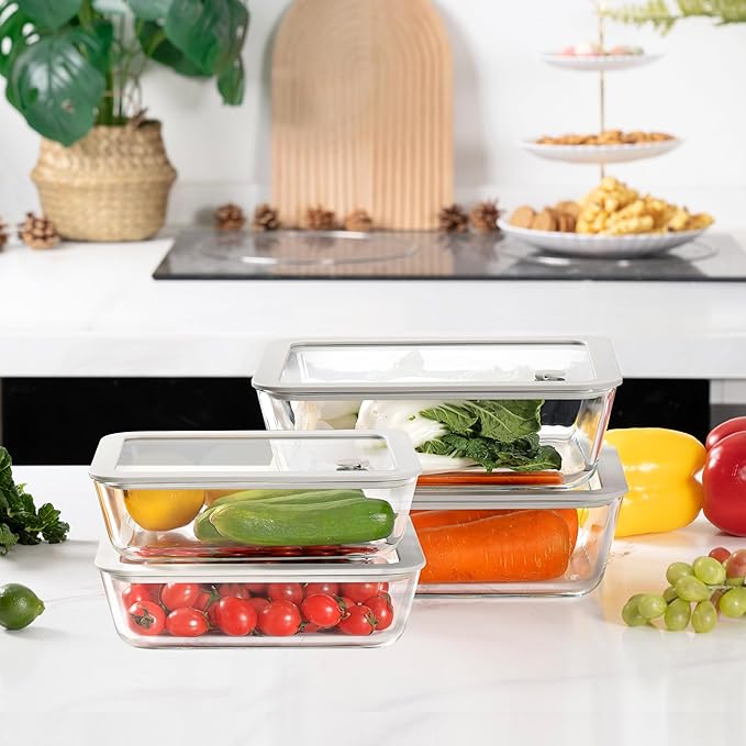 Glass Food Containers with Glass Lid, Microwave Safe Food Storage Container Set, 2 Pack of 48oz