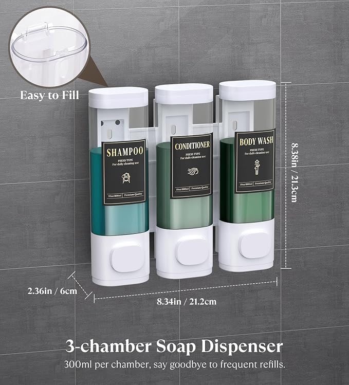 Luxspire Shampoo and Conditioner Dispenser, No Drill Wall Mounted Shower Soap Dispenser 3 Chamber with Waterproof Labels, Easy Refill Soap Dispenser for Bathroom Hotel Kitchen, White
