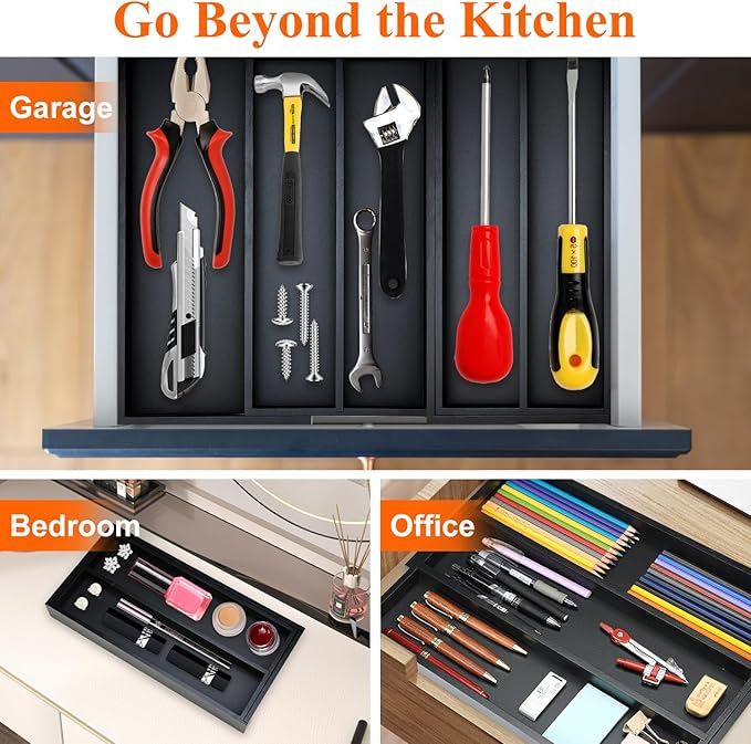 Bamboo Kitchen Tool Drawer Organizer Storage Black Cutlery Tray Expandable Silverware Drawer Divider Organizers Large Cooking Utensil Holder for Drawers Spoon Flatware Organizer Silverware Trays