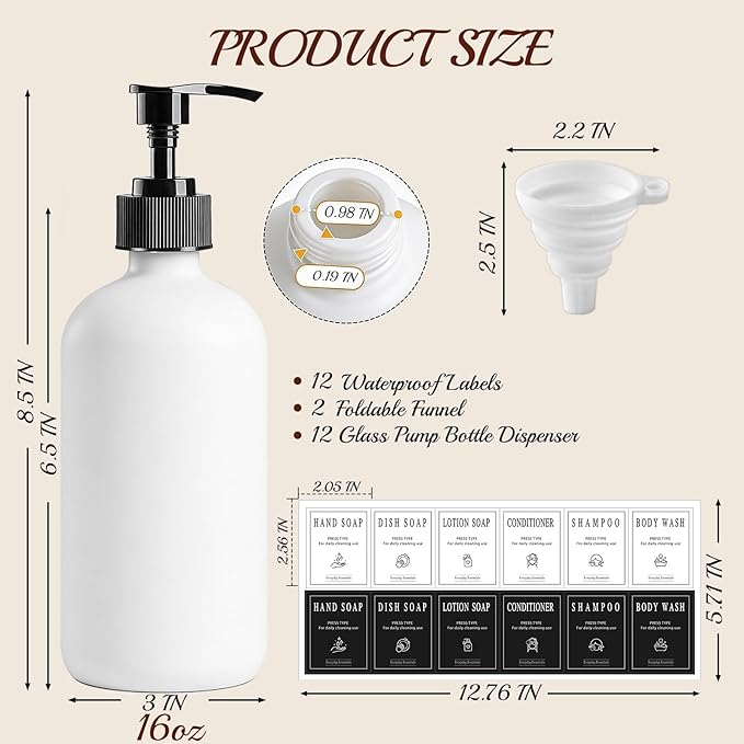 TBWIND 12 Pack 16oz White Glass Soap Dispenser Bottles with Pumps, Refillable Glass Bottles for Shampoo Conditioner Lotion, Ideal for Bathroom, Kitchen, Waterproof Labels & Funnels Included