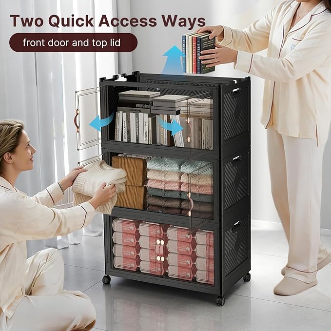 Stackable Storage Bins with Lids, 720QT Closet Organizers, 6, Black, Large