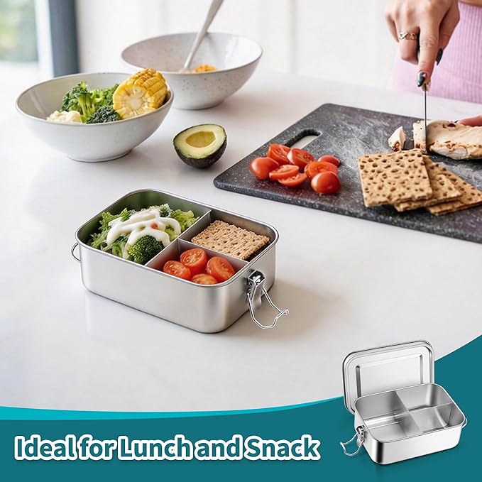 TeamFar Stainless Steel Bento Box, 28oz/850ML Metal Lunch Box with Leak-Proof Lid for Adults/Kids, Lunch Food Containers with 3 Compartments for School/Work/Meal Prep, Heavy Duty & Dishwasher Safe