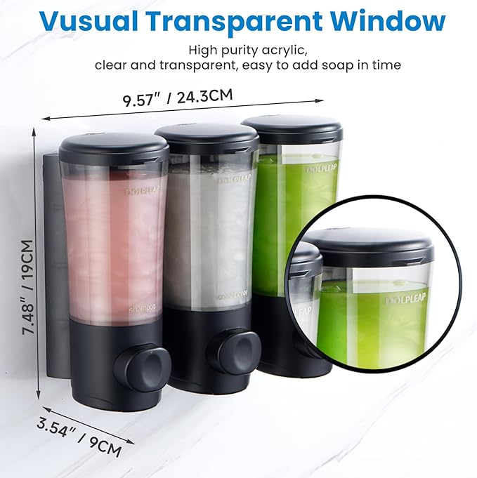Shampoo Conditioner Body Wash Dispenser No Drill Shower Soap Dispenser Wall Mounted Shampoo Dispenser 3 Chamber with Upgrade Pump Head Bathroom Soap Dispenser 450ml/Each Black