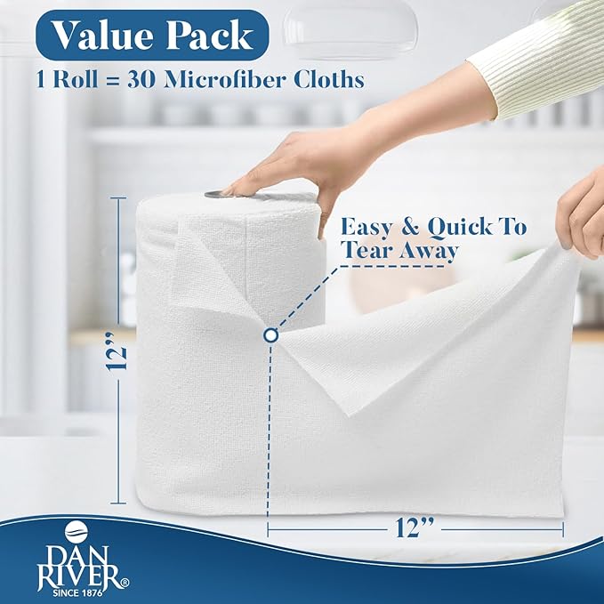 Dan River Tear Away Microfiber Cleaning Towel Roll - 30 Pack, 12x12 Inch Reusable Cloths for Dust, Kitchen, Bathroom, Cars - Scratch-Free, Lint-Free Cleaning Supplies (White)