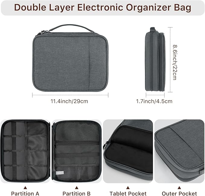 Dadanism Electronics Travel Organizer Case, Double Layers Cord Organizer Travel All-in-One Storage Bag for Cable, Cord, iPad, Chargers, fits 9-11'' Tablets, Portable Tech Accessories Bag, Space Gray