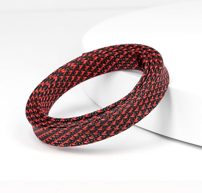 25ft PET Expandable Braided Cable Sleeve 1/2inch(12mm) Pet Braided Cable Sleeve for Audio Video Device Wire Automotive Wire (Black Red)