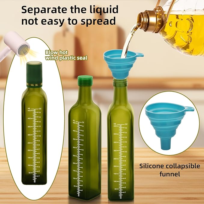 17oz 4 Pcs Scale Olive Oil Dispenser Bottle,500ml Glass Oil and Vinegar Dispenser Set with 4 Stainless Steel Pourers, 8 Labels,Funnel Oil Bottles for Kitchen (Green)