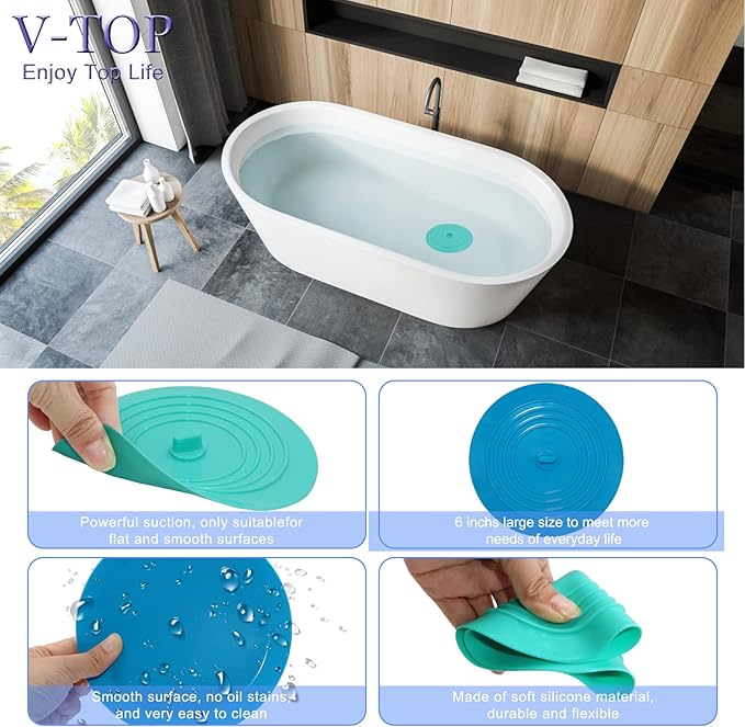 V-TOP Kitchen Drain Strainer Stopper 4 Pack, Universal 6 Inch Silicone Plug Anti-Clogging Stopper Cover