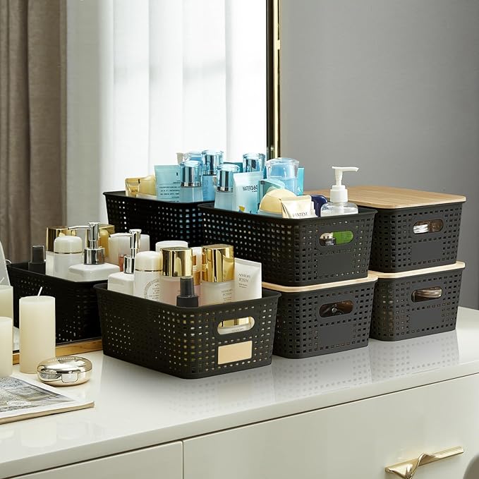 Bagnizer Small Plastic Storage Bins with Bamboo Lids 5.2qt Stackable Box Basket Pantry Decorative Containers Cute with Labels for Organizing Desktop