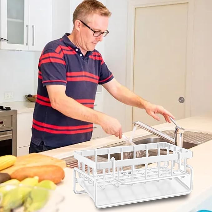 Kitchen Sink Sponge Holder, Rustproof 304 Stainless Steel Sink Caddy Kitchen Sink Organizer with High Brush Holder,Kitchen Sink Organizer for Dish Brush,Sponge,Soap Dispenser,