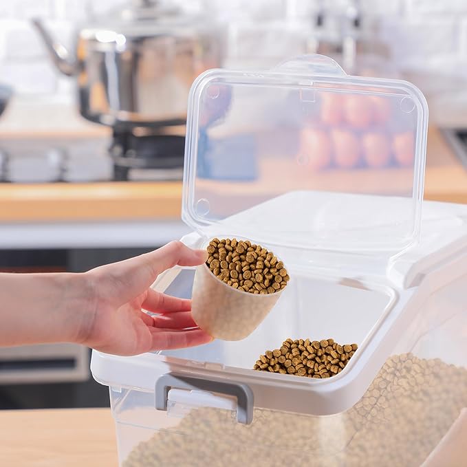 Sunnyray 4 Pcs Rice Storage Container 22 lb Airtight Flour Container with Wheels Measuring Cup Clear Pet Food Cube Dog Cat Birds Food Bin Grain Cereal
