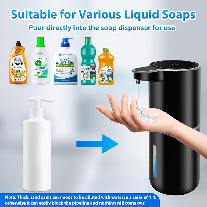 2 Pack Automatic Soap Dispenser,12.8oz/380ml USB Rechargeable 4 Level Adjustable Electric Hand Soap Dispenser for Bathroom,Kitchen,Hotel,Restaurant(Black)