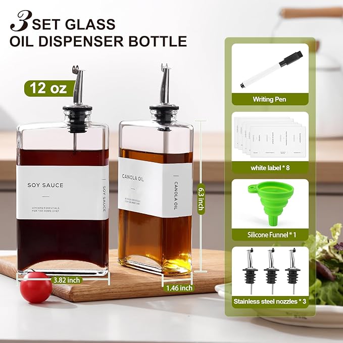 Olive Oil Dispenser Bottle for Kitchen, 3 Pack Glass Oil and Vinegar Dispenser Set, Elegant Book Design, Durable, Leak-Proof, Easy-Pour Spouts, Perfect for Kitchen, Dining Table (12oz)
