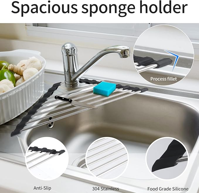 Ahyuan Roll up Dish Drying Rack Over The Sink Kitchen Roll up Sink Drying Rack Portable Dish Drainer Foldable Dish Drying Rack (Black, Triangle 16.3''X9.4'')