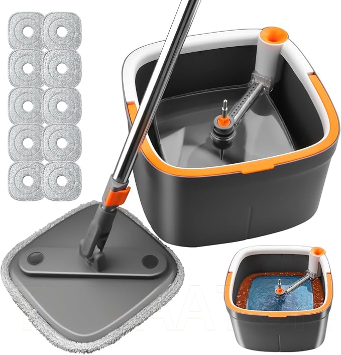 Spin Mop and Bucket Set with Self Separation Dirty and Clean Water System, Mop Set with Self Wringing 360° Rotating Clean Floor Mop-Head for Hardwood Tile Marble Floors (Dark Gray, 10pads)