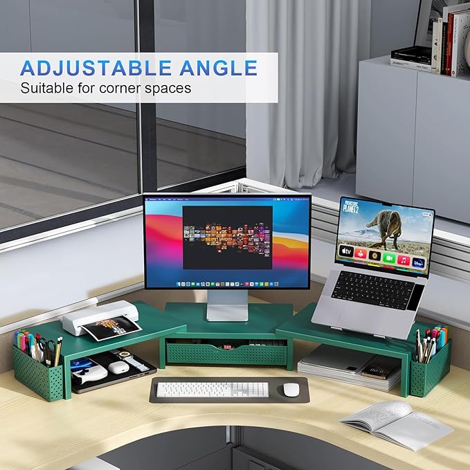 Dual Monitor Stand Riser, Desk Organizer With Drawer and 2 Pen Holders, Green