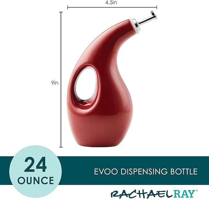 Rachael Ray Ceramic EVOO Oil and Vinegar Dispensing Bottle with Spout, 24 Ounce - Cranberry Red