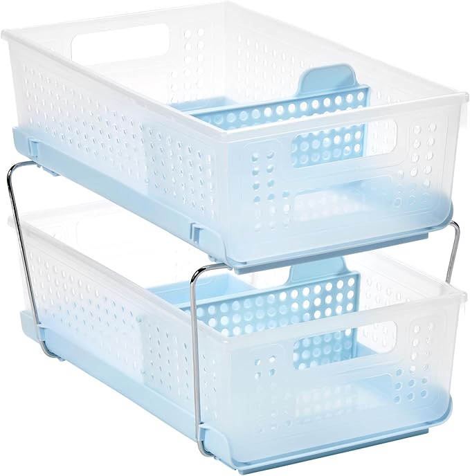 madesmart Two-Tier Bathroom Cabinet Organizer, Sliding Drawer Storage for Bottles, Sponges & Cleaning Supplies, Blue