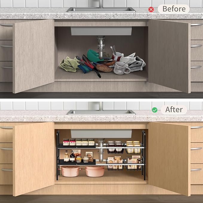 Expandable 2-Tier Under Sink Organizer, 2-Tier 4 Boards and 4 Baskets)