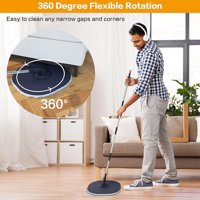 Flat Floor Mop and Bucket System Set with Wringer, Spin Mop and Bucket Separate Clean and Dirty Water with Self Separation for Hardwood, Laminate, Tile, Floor Cleaning, Wet and Dry Use, Navy Blue