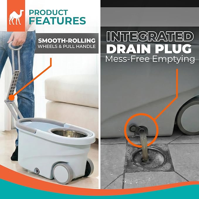 Grazie Spin Mop & Bucket Set - 360° Self-Wringing System with Wheels, Stainless Steel Handle - Hands-Free Floor Cleaning for Hardwood, Tile, Laminate - Includes 4 Washable Microfiber Mop Head Refills