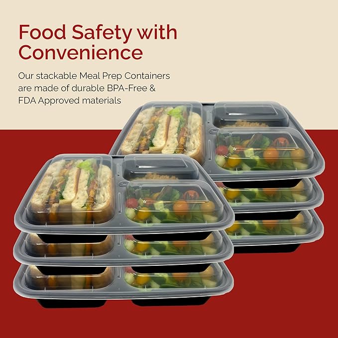 Reli. Meal Prep Containers 32 oz (20 Pack) 3 Compartment Meal Prep Containers Reusable, Microwave Safe | Plastic Togo Box for Food