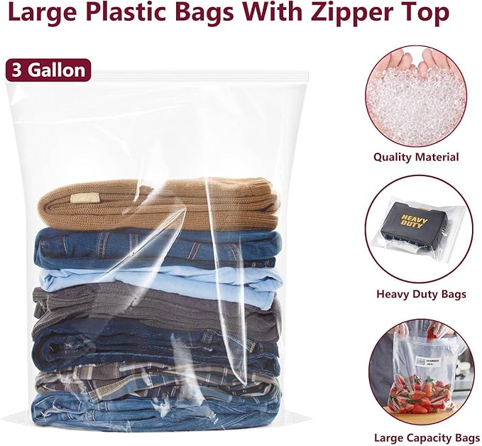 Large Plastic Bags With Zipper Top, 3 Gallon, 16" x 18", 10 Pack