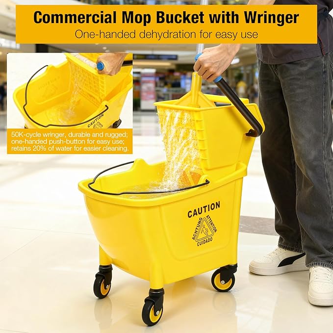 35 Qt Commercial Mop Bucket with Side Press Wringer on Wheels,Heavy Duty Industrial Mop and Bucket Set for Floor Cleaning,Including 1 Wet Floor Caution Sign for Household and Business,Yellow