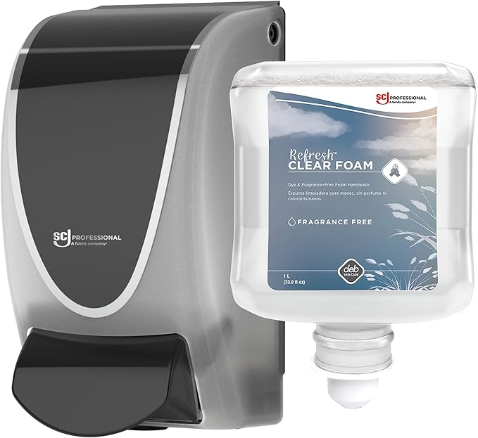 SC Johnson Professional Clear FOAM Dispenser and Refill Starter Kit, Wall Mount Soap Dispenser for Hand Soap, 1 Refresh Clear FOAM Hand Wash, 1 Liter Cartridge, 33.8 fl. oz., for Professional Use Only