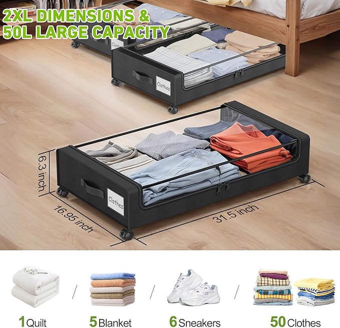 Molutsody Under Bed Storage with Wheels, 4-Pack Underbed Storage Containers with Clear Lids, Under Bed Shoe Storage Organizer