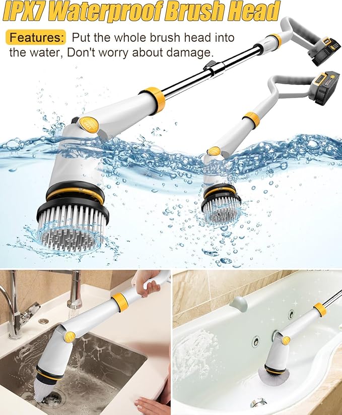 Qimedo Electric Spin Scrubber with Two Batteries Q2 Pro,1500 RPM High Power Electric Scrubber for Cleaning,Shower Cordless Cleaning Brush with Display for Tub/Tile/Floor (Effortless Handle/8 Brushes)