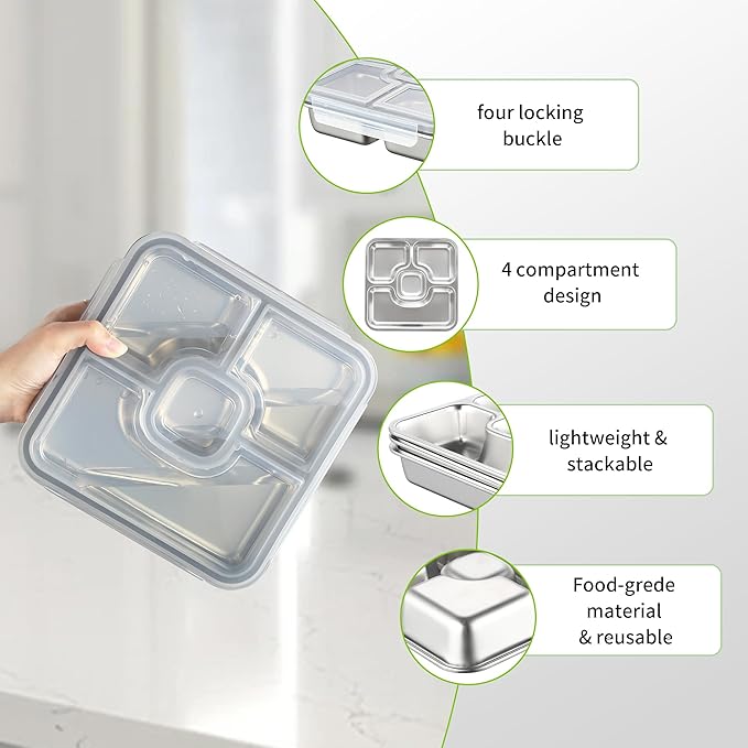 BEFOY Stainless Steel Snack Containers with Lids 4 Pack Lunchable Meal Prep Containers Reusable Meal Prep Lunch Containers for Adult Divided Stackable Bento Lunch Box for Home Travel (3, Gray, Large)