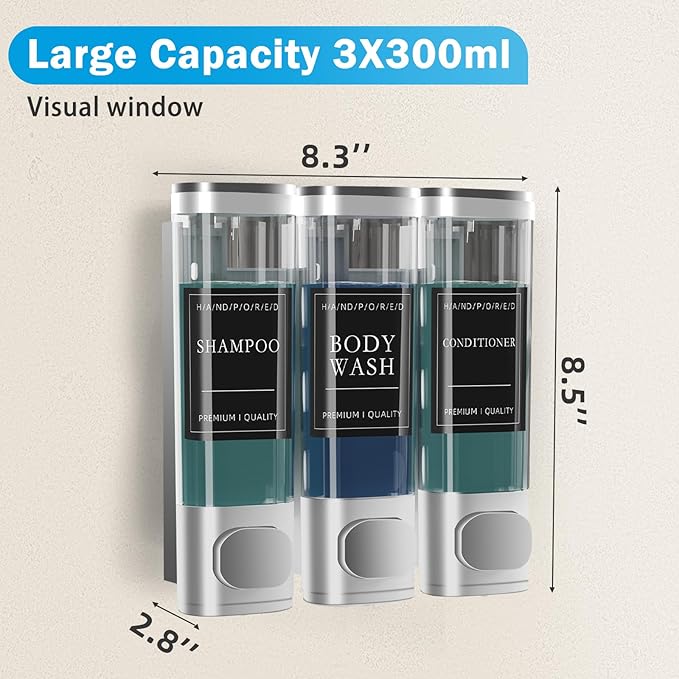 Shampoo and Conditioner Dispenser, Shower Soap Dispenser Wall Mounted, Shower Dispenser 3 Chamber No Drill for Bathroom Large Capacity (Silver)